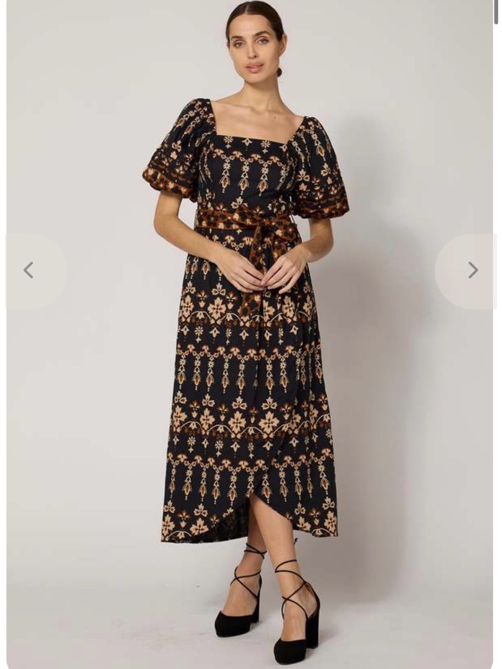 NWT- Cleobella Lucia Midi Dress- Black and Tan Square-Neck with Puff Sleeves